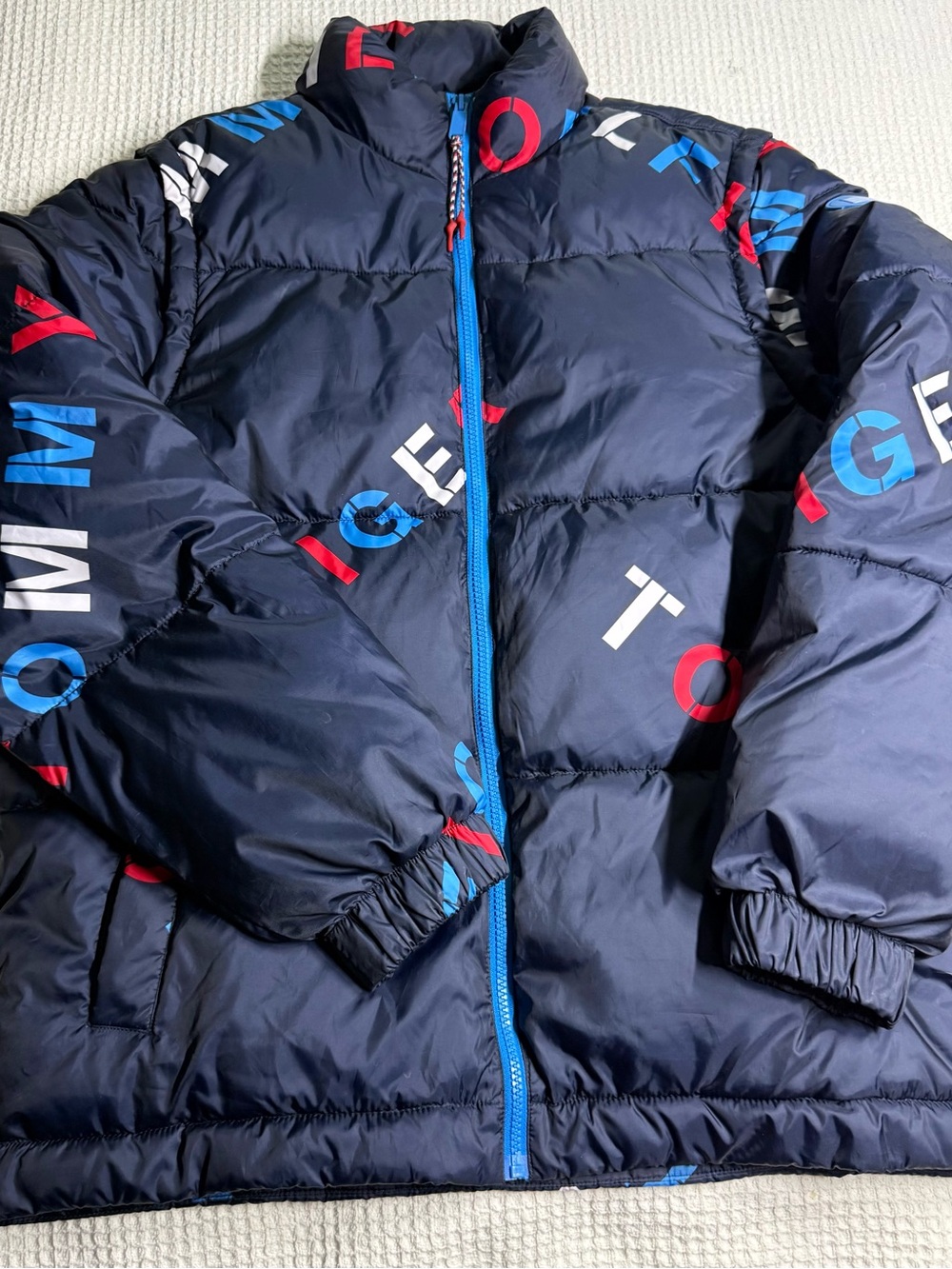 Tommy Hilfiger Navy Convertible Puffer Jacket/Vest with Red & Blue Logo Accents